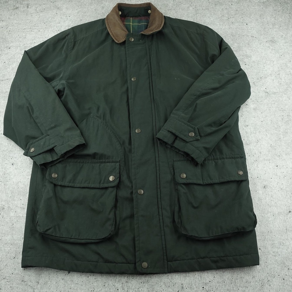 Vintage 90s Brooks Brothers Mens M Green Barn Coat Leather Collar Flannel Lined